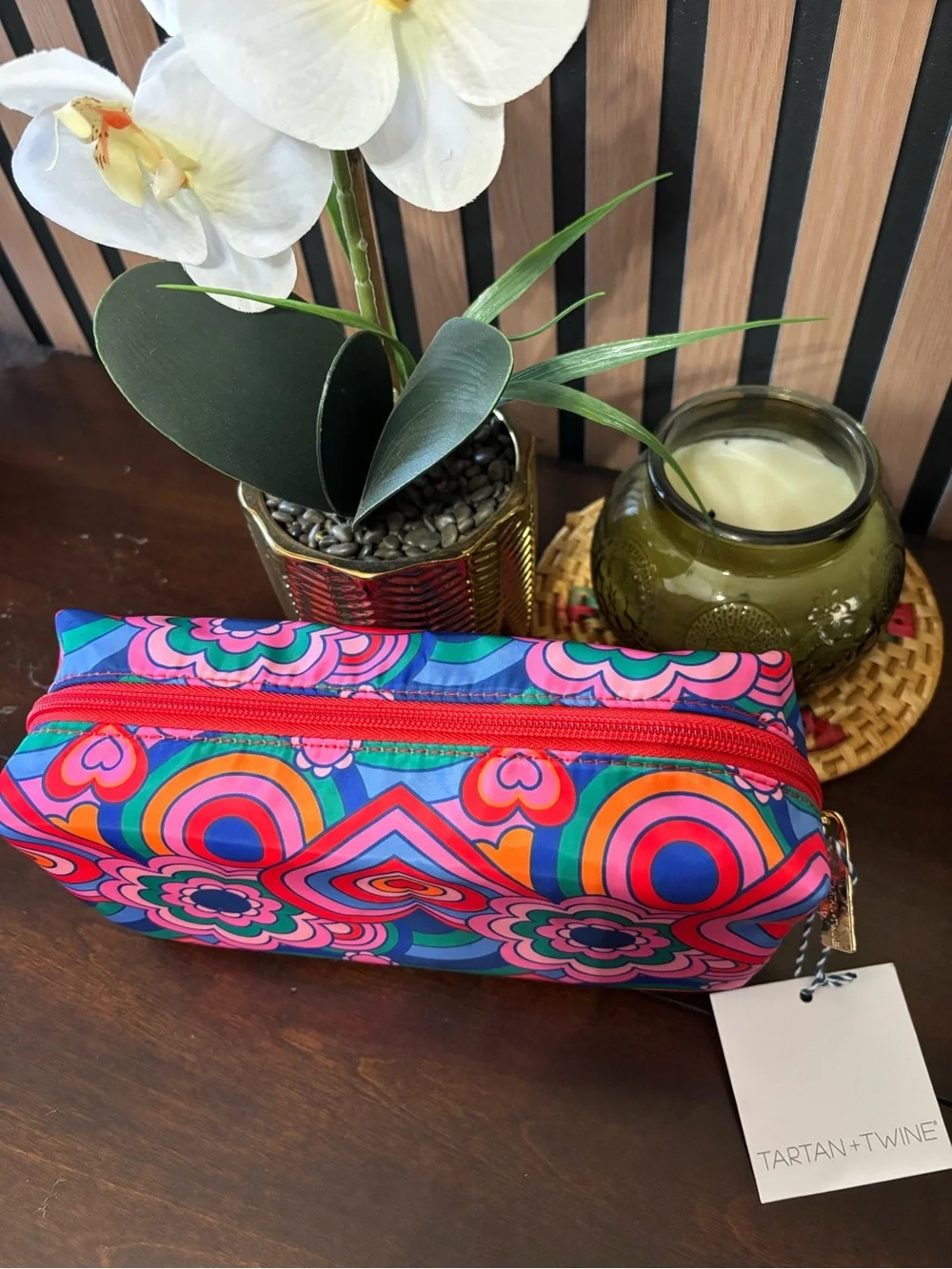 TARTAN + TWINE Vibrant Pink Multicolor Zip Cosmetic Pouch